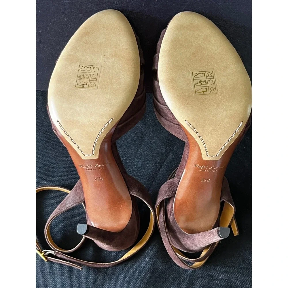 Ralph Lauren Purple Label Brown Suede Criss Cross Ankle‎ Strap Heels Size 38B